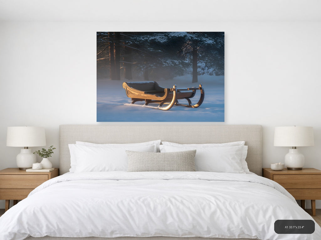 Golden Sleigh in Winter Forest Snow Photography Wall Art — A1 / Bedroom