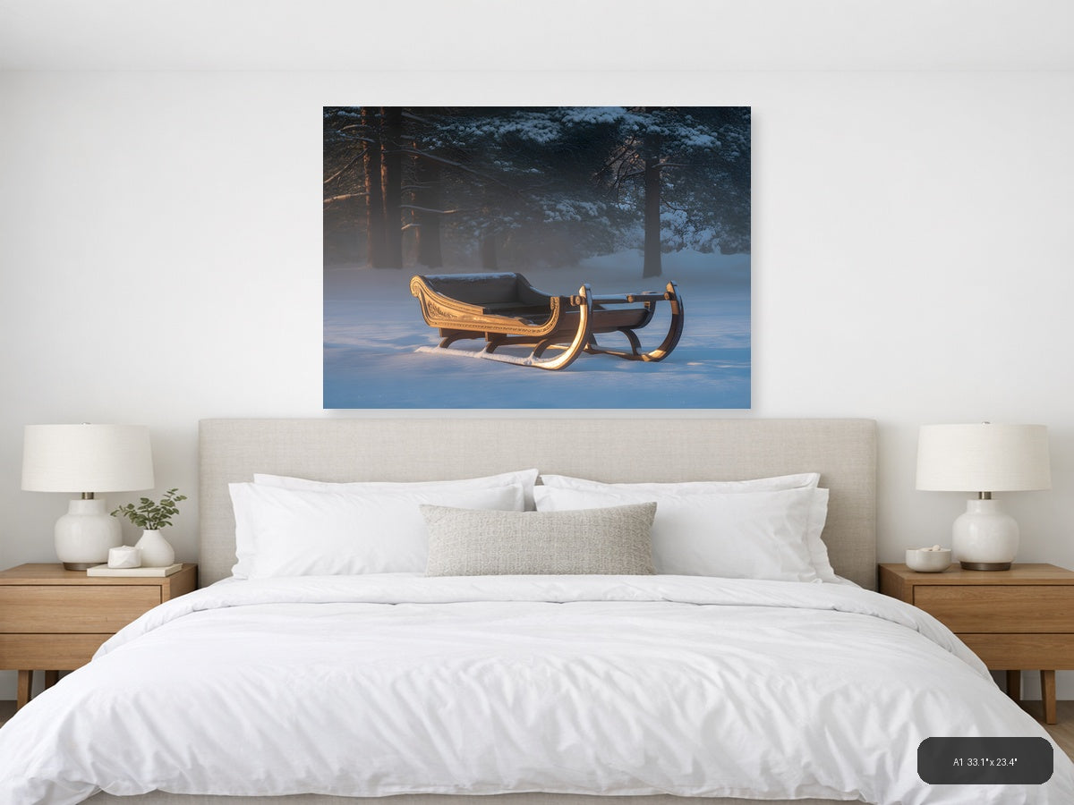 Golden Sleigh in Winter Forest Snow Photography Wall Art — A1 / Bedroom