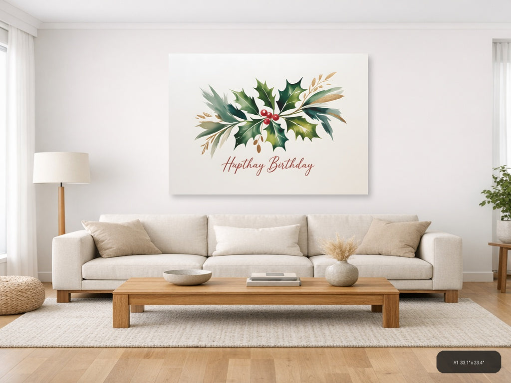 Hapthay Birthday Holly Watercolor Landscape Wall Art — A1 / Living Room