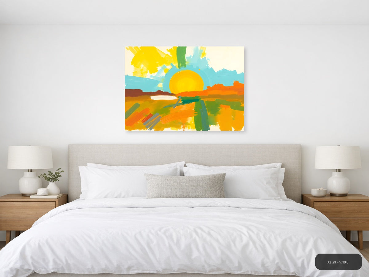 Abstract Sunset Landscape with Yellow Sun Wall Art — A2 / Bedroom