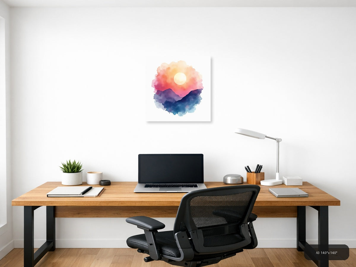 Watercolor Mountain Sunset with Moon Wall Art — A3 / Office