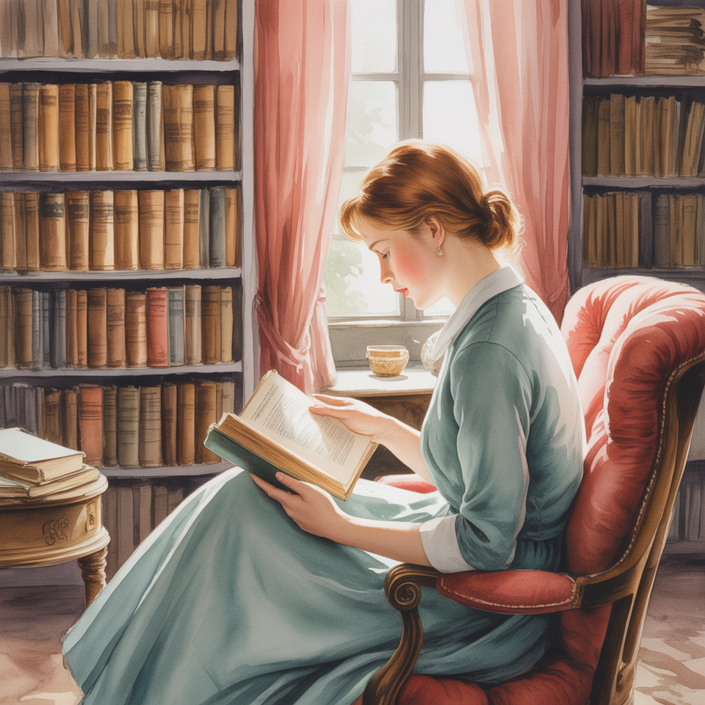 Woman Reading in Library Watercolor Wall Art