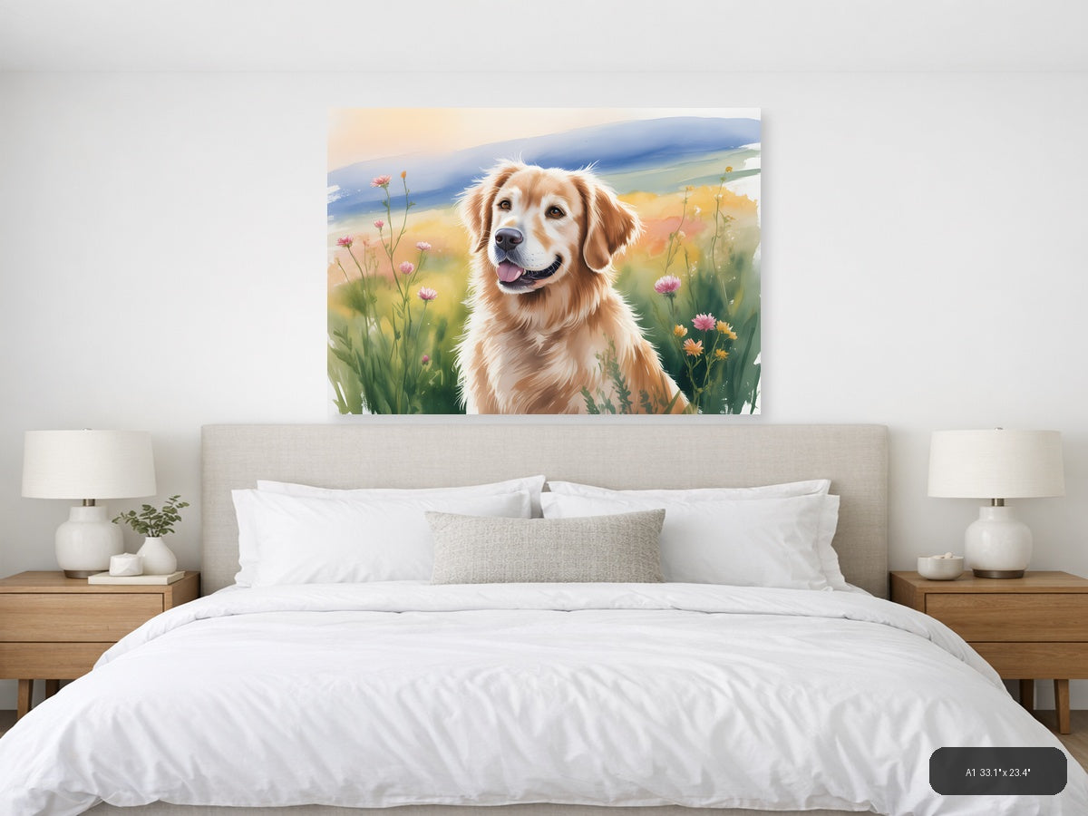 Golden Retriever in Wildflower Meadow Watercolor Wall Art — A1 / Bedroom