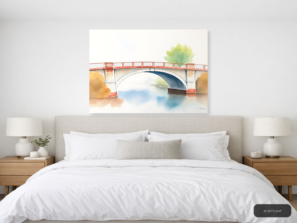 Watercolor Bridge Over Calm Water - Landscape Wall Art — A1 / Bedroom