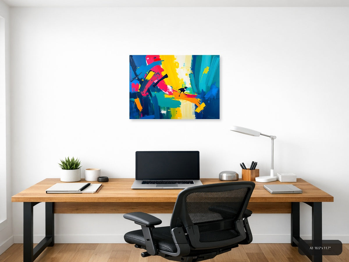 Colorful Abstract Bird on Rainbow Brushstrokes Wall Art — A3 / Office