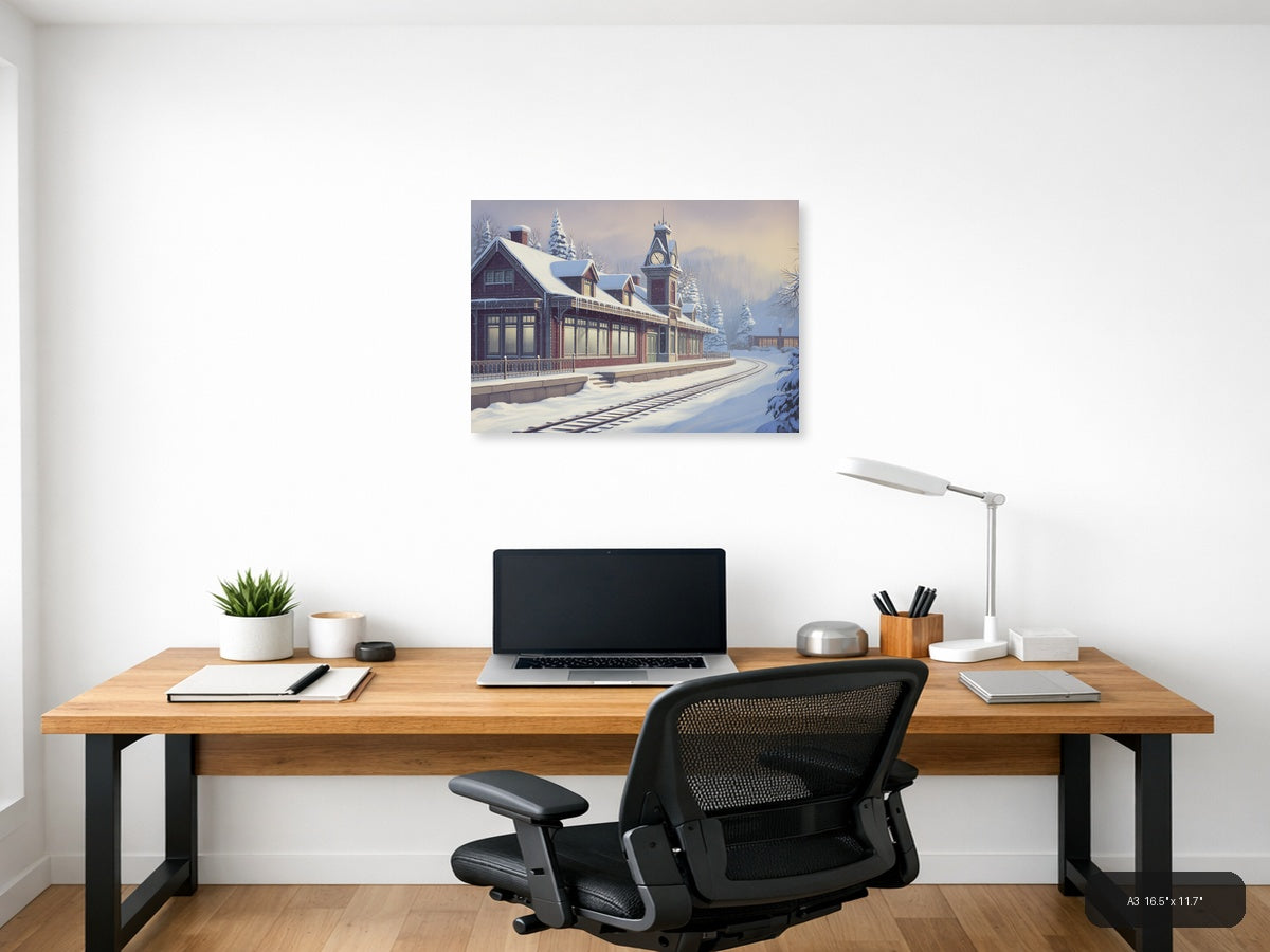 Vintage Snow-Covered Railway Station Clock Tower Wall Art — A3 / Office
