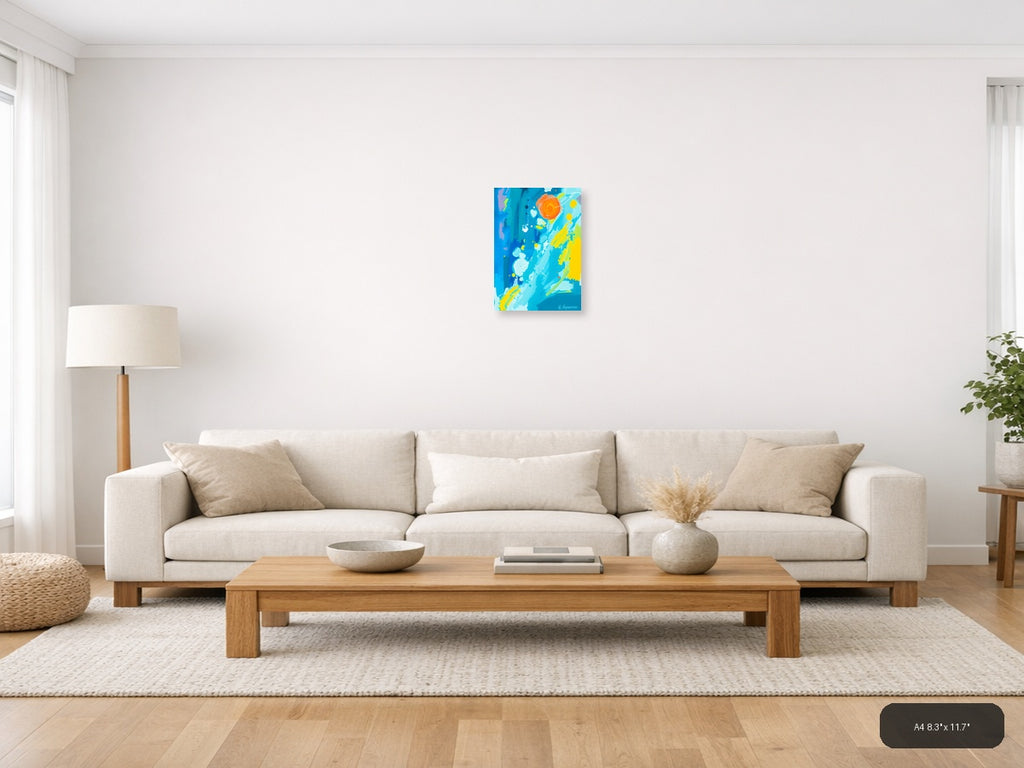 Abstract Blue Sky with Orange Sun & Planets Wall Art — A4 / Living Room