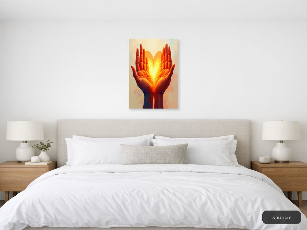Glowing Heart in Hands Abstract Portrait Wall Art — A2 / Bedroom