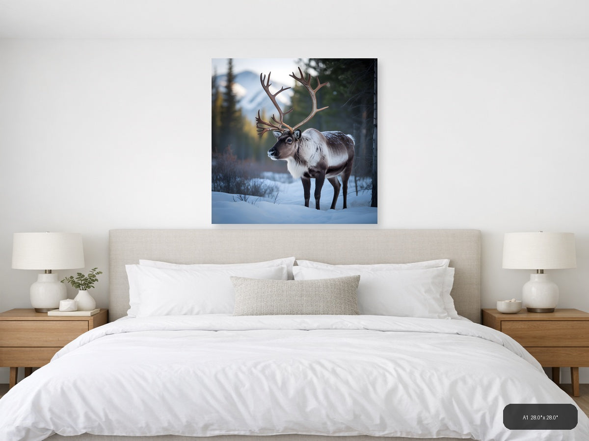 Majestic Reindeer in Snow Winter Forest Photography Wall Art — A1 / Bedroom
