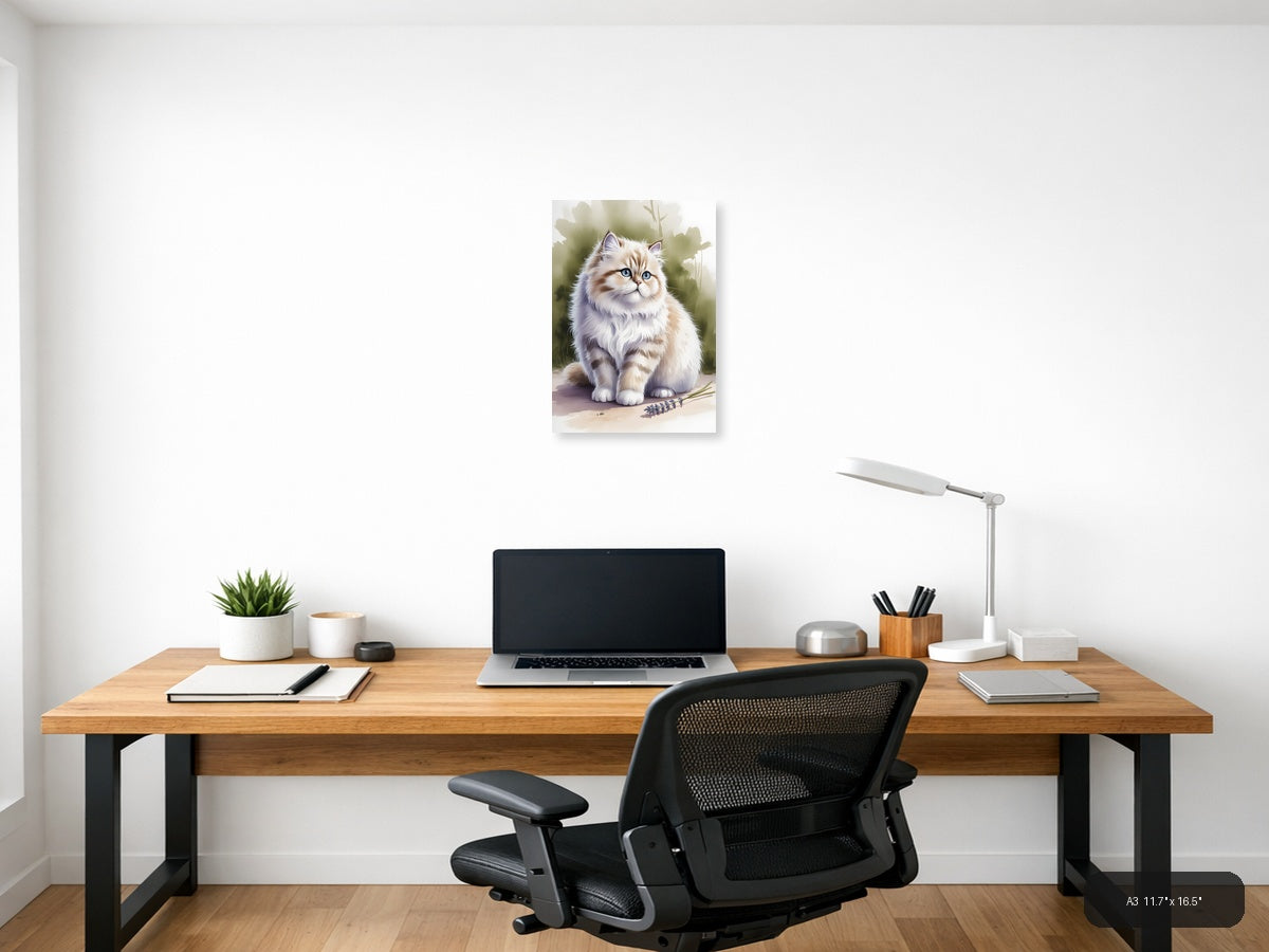 Fluffy White Cat Blue Eyes Watercolor Portrait Wall Art — A3 / Office