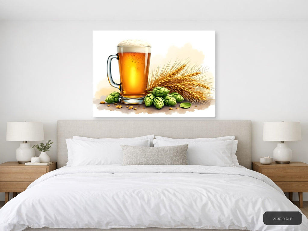 Beer, Hops & Barley Watercolor Illustration Wall Art — A1 / Bedroom