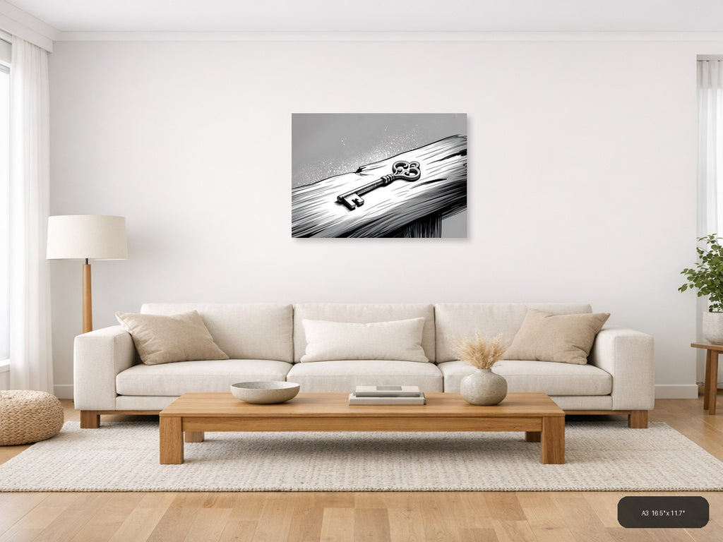 Ornate Key on Wood Line Art Wall Art — A3 / Living Room