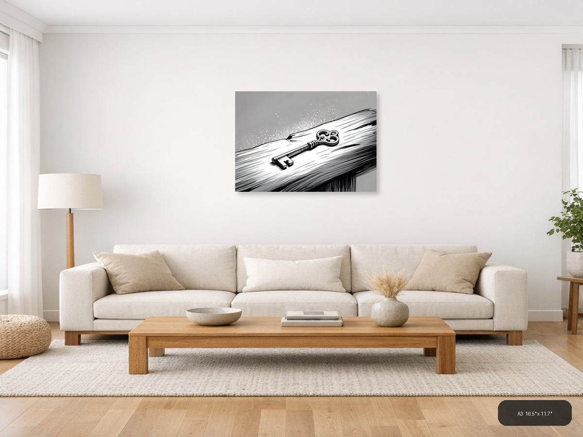 Ornate Key on Wood Line Art Wall Art — A3 / Living Room
