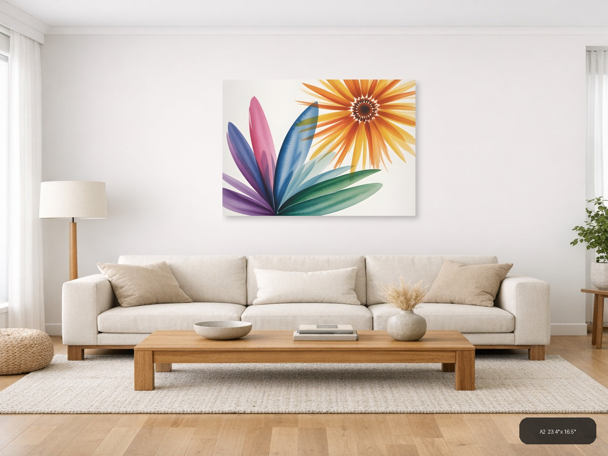Colorful Watercolor Sunflower & Petals Landscape Wall Art — A2 / Living Room