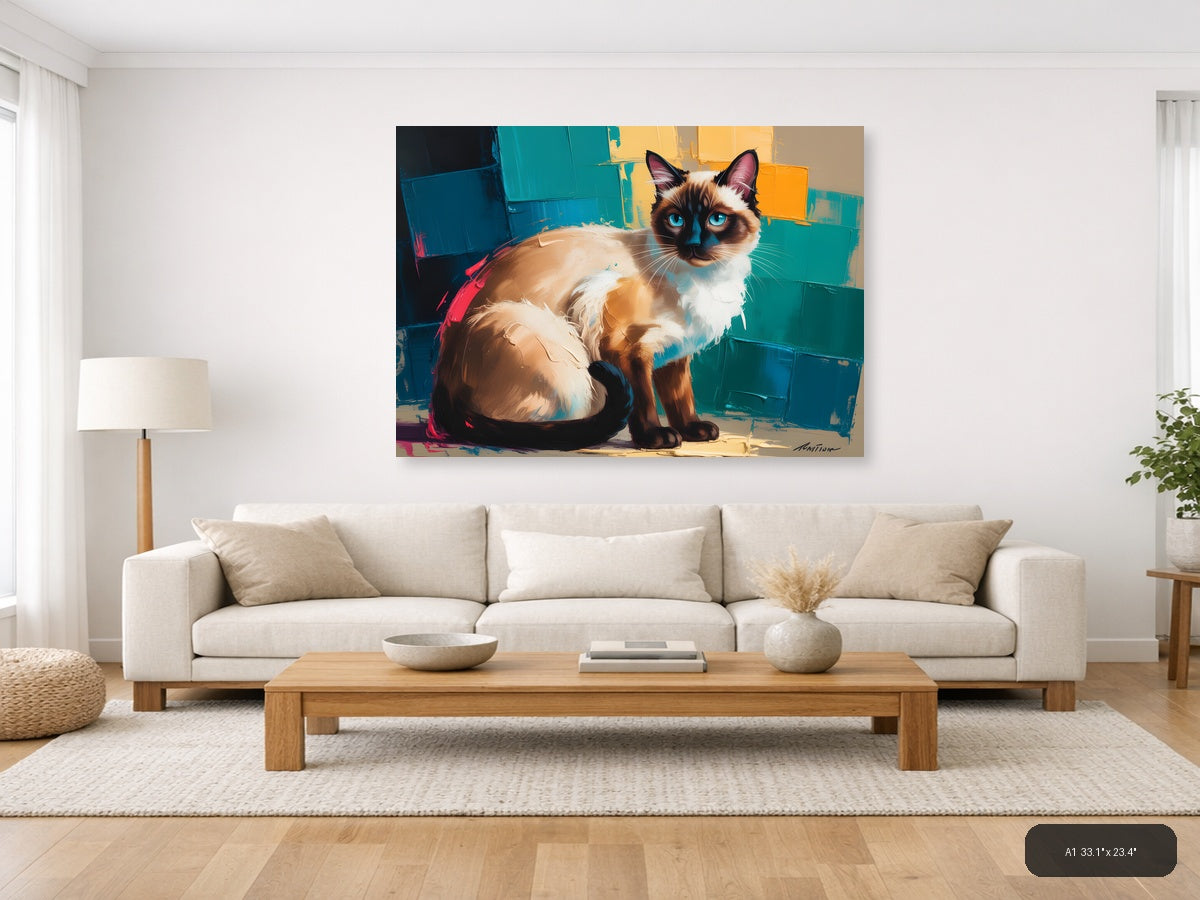 Siamese Cat with Blue Eyes Abstract Modern Wall Art — A1 / Living Room