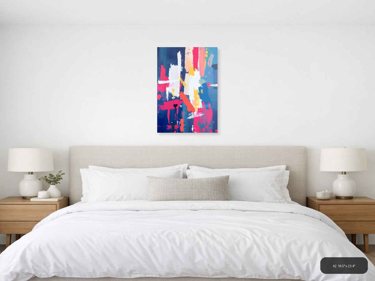 Vibrant Abstract Paint Splatter Blue Pink Yellow Wall Art — A2 / Bedroom