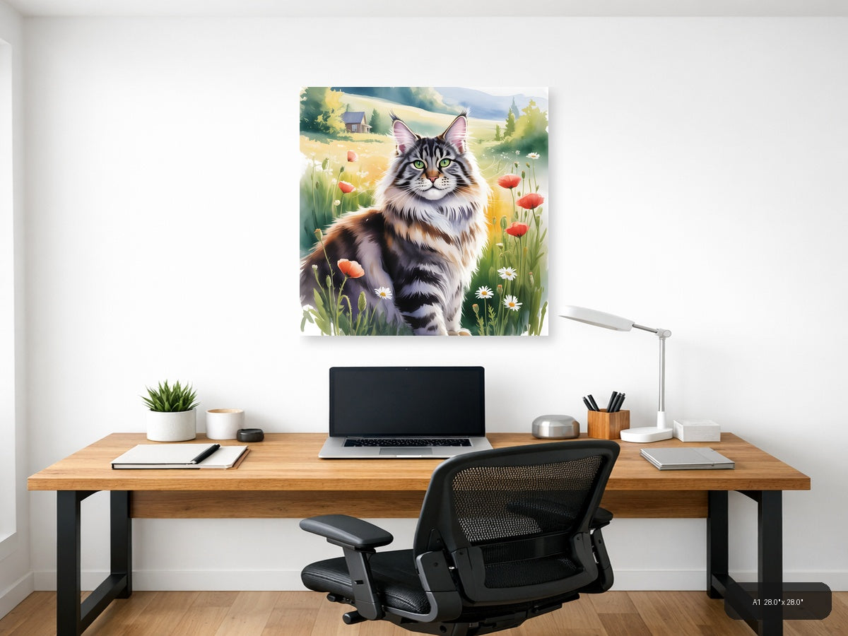 Fluffy Tabby Cat in Wildflower Meadow Watercolor Wall Art — A1 / Office