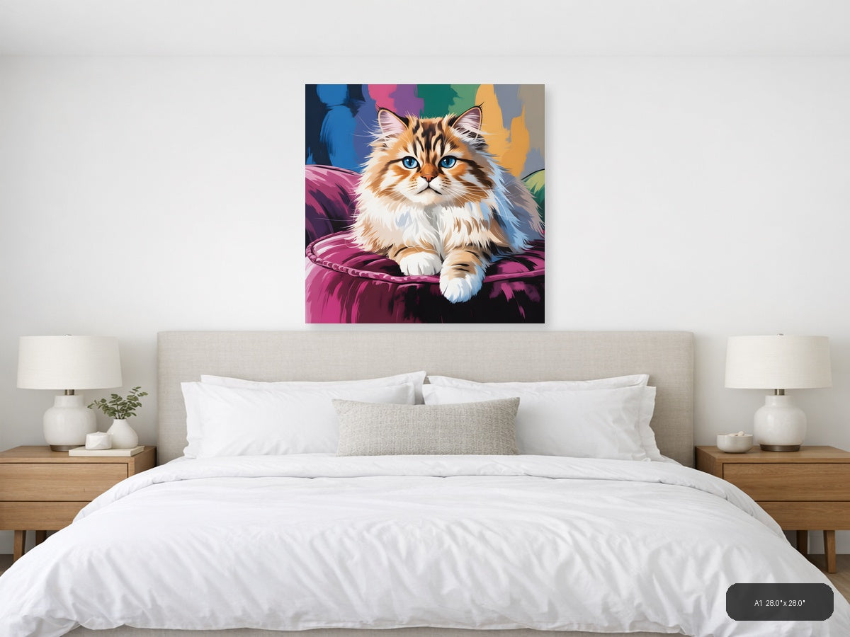 Fluffy Cat with Blue Eyes Abstract Colorful Wall Art — A1 / Bedroom