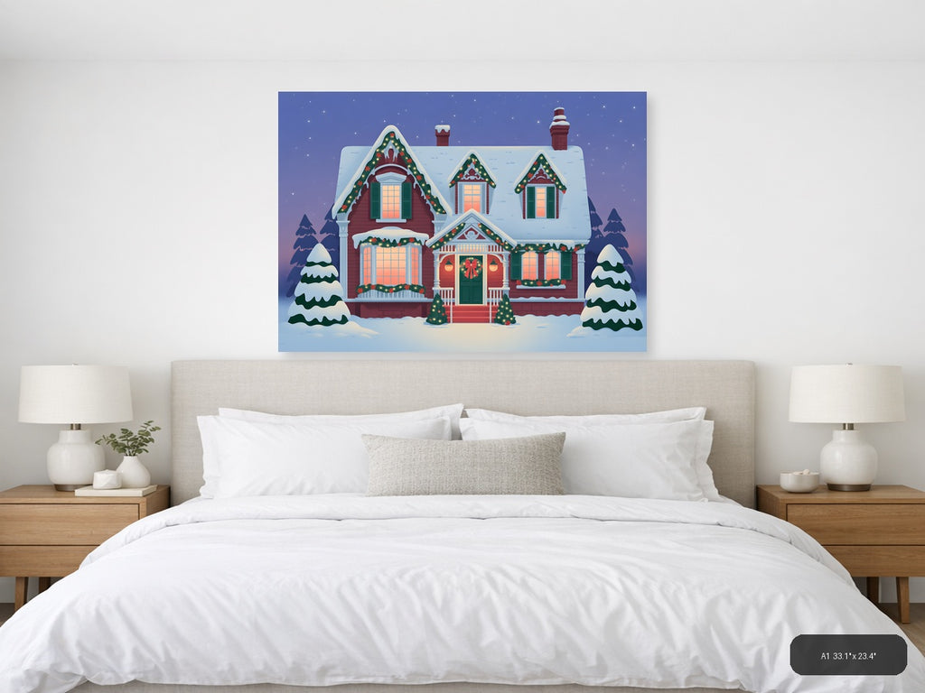 Vintage Christmas House Snow Scene Landscape Wall Art — A1 / Bedroom