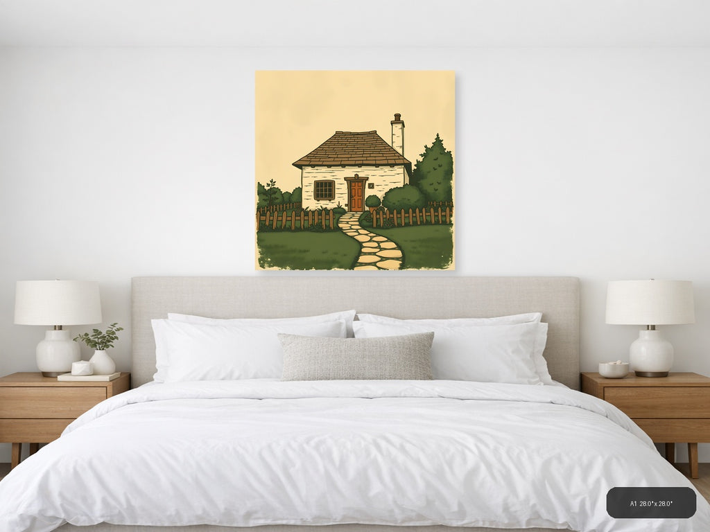 Vintage Cottage with Chimney & Garden Fence Wall Art — A1 / Bedroom