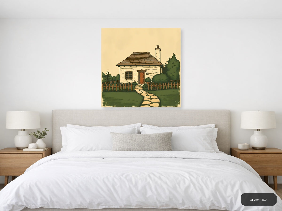 Vintage Cottage with Chimney & Garden Fence Wall Art — A1 / Bedroom
