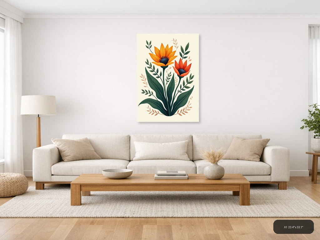Orange Red Sunflowers Botanical Illustration Wall Art — A1 / Living Room