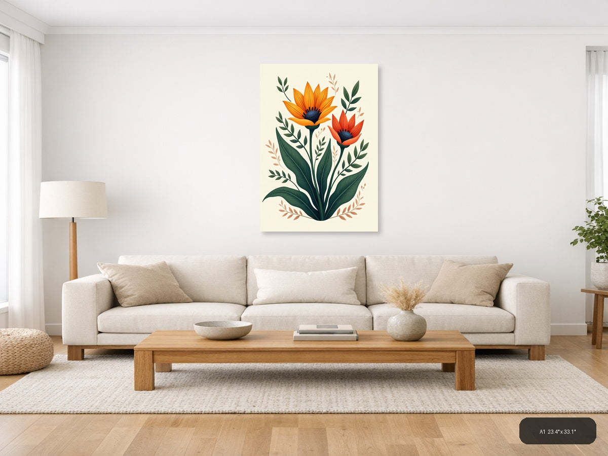 Orange Red Sunflowers Botanical Illustration Wall Art — A1 / Living Room