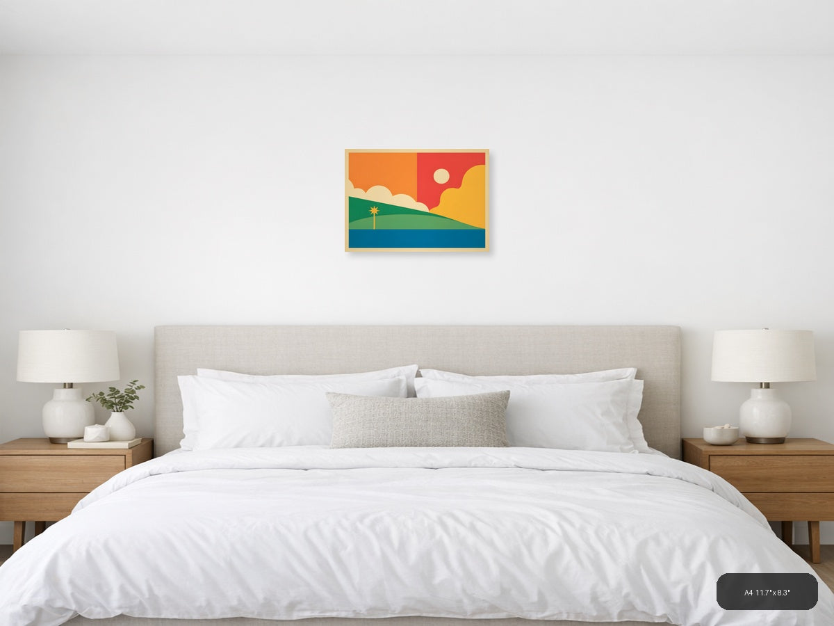 Vintage Sunset Landscape with Palm Tree Wall Art — A4 / Bedroom