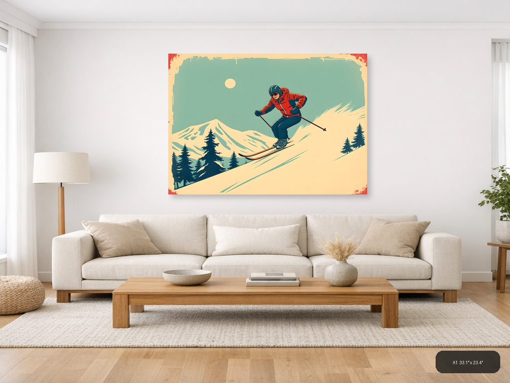 Vintage Skier on Mountain Slope Wall Art — A1 / Living Room