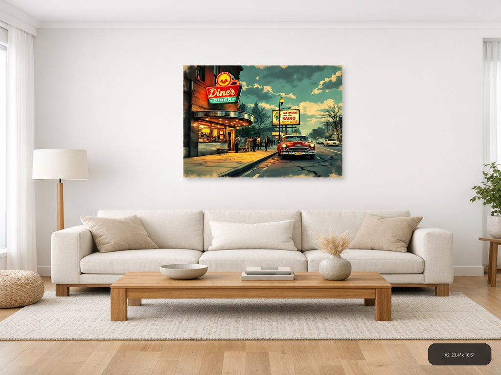 Vintage Diner Street Scene Retro Americana Wall Art — A2 / Living Room