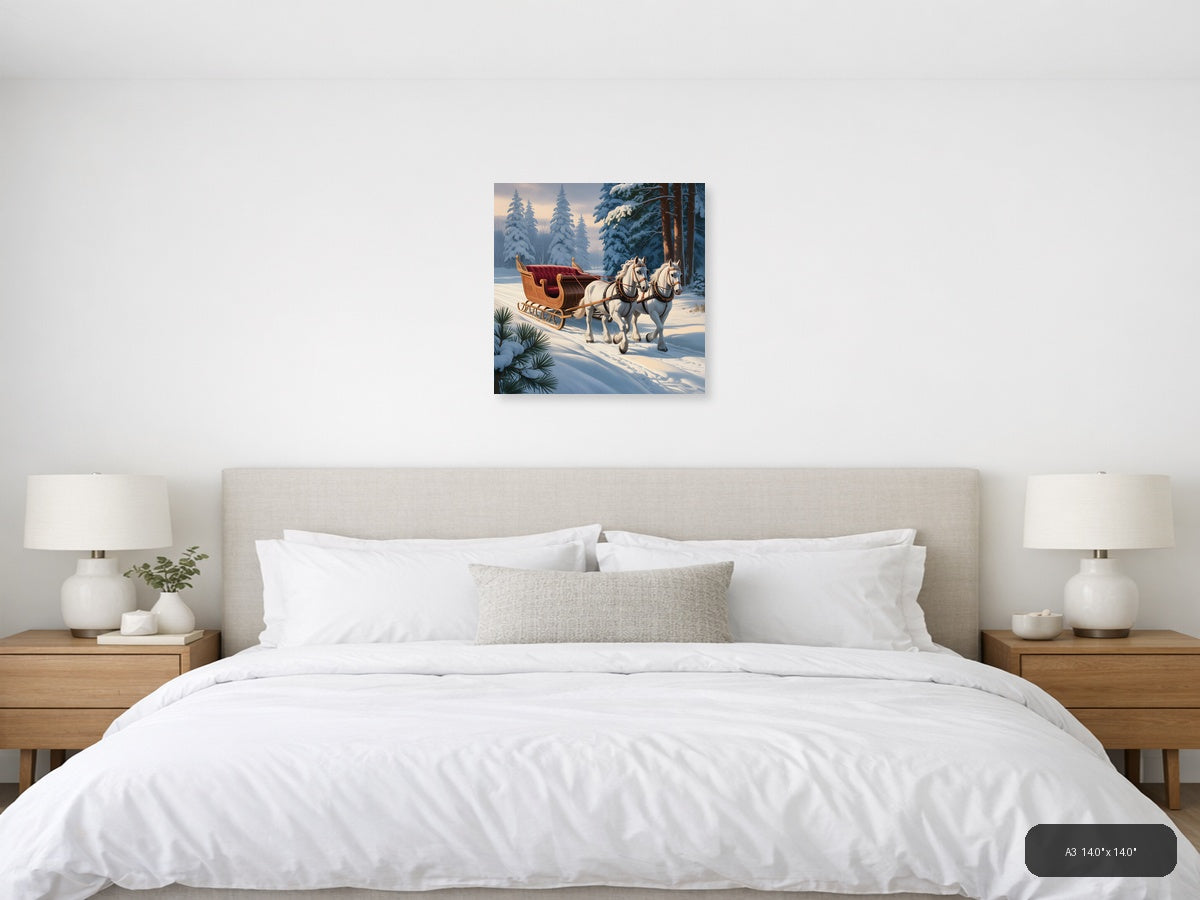 Vintage Winter Sleigh with White Horses Wall Art — A3 / Bedroom