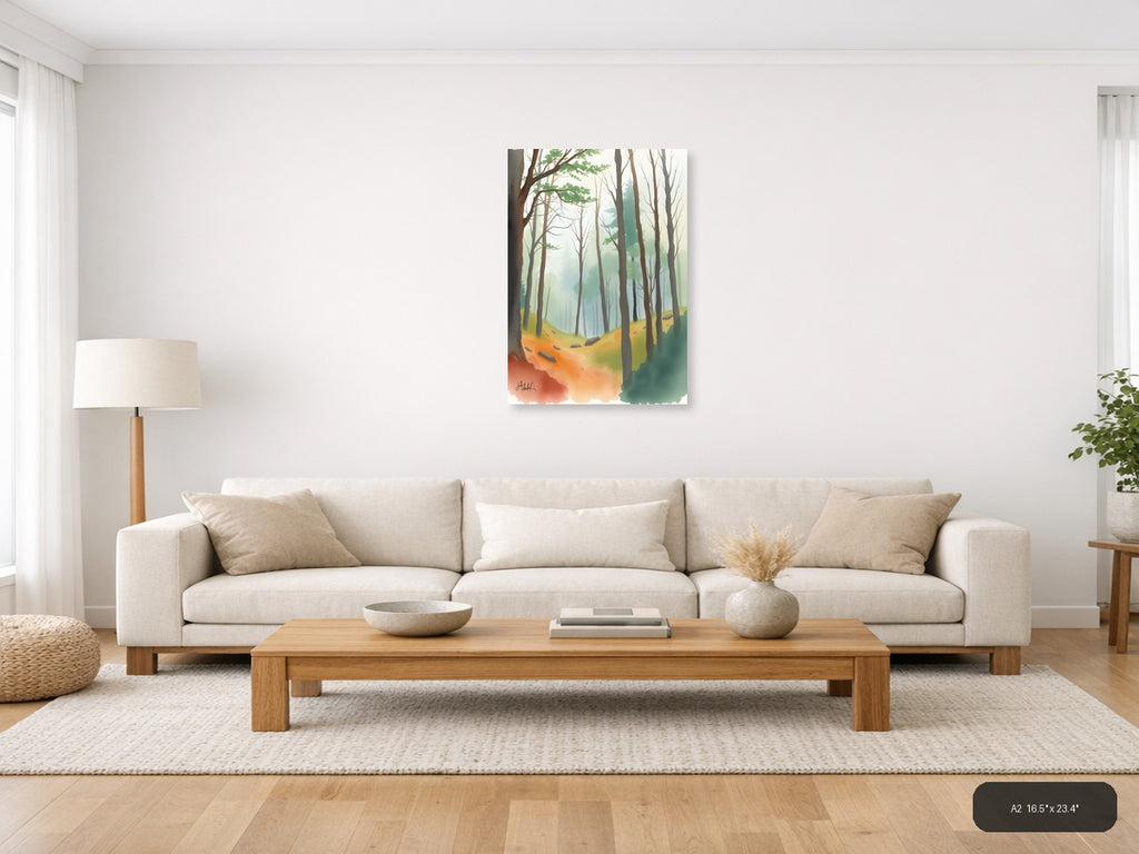 Misty Forest Path Watercolor Wall Art — A2 / Living Room