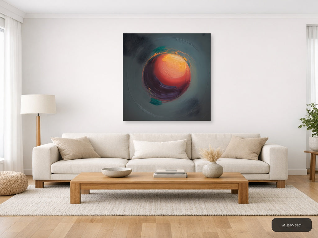 Abstract Swirling Orb Red Orange Teal Wall Art — A1 / Living Room