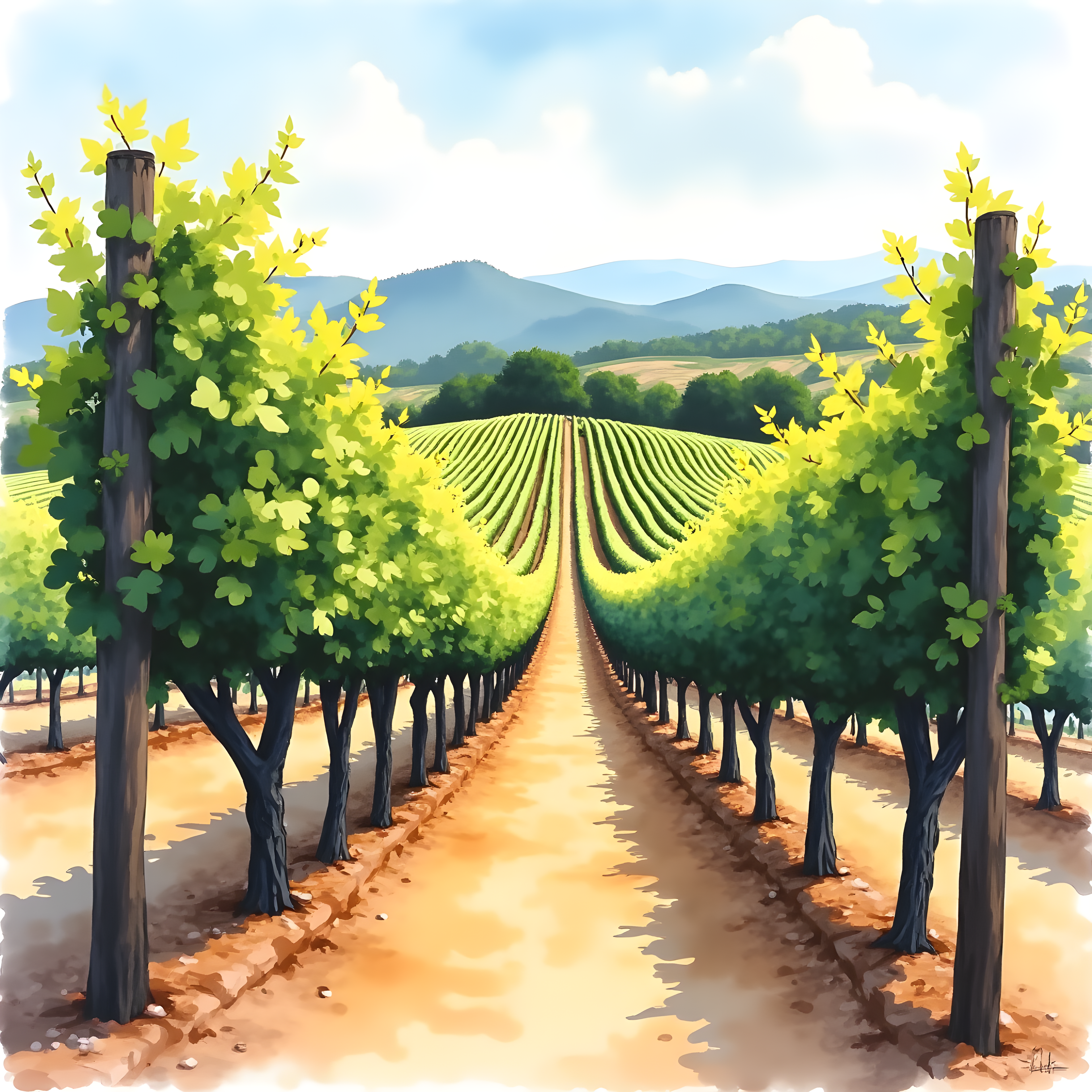 Vineyard Rows Watercolor Landscape Wall Art