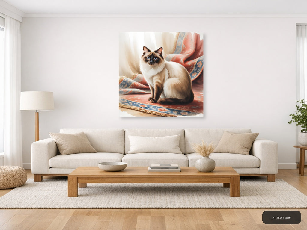 Siamese Cat with Blue Eyes Watercolor Wall Art — A1 / Living Room