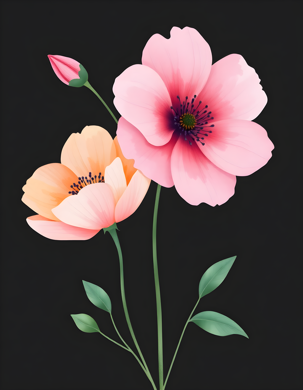 Pink & Peach Flowers Minimalist Botanical Wall Art
