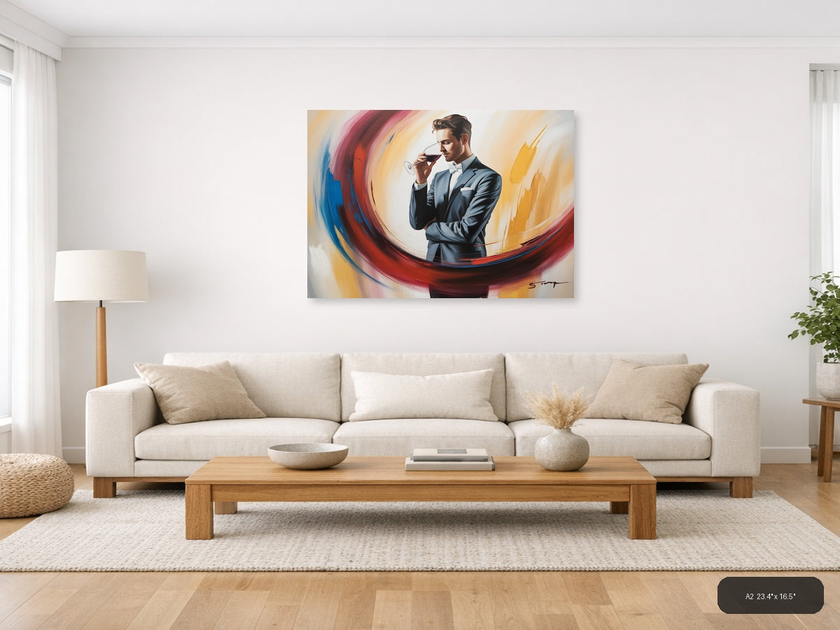 Elegant Man Wine Tasting Abstract Swirl Wall Art — A2 / Living Room