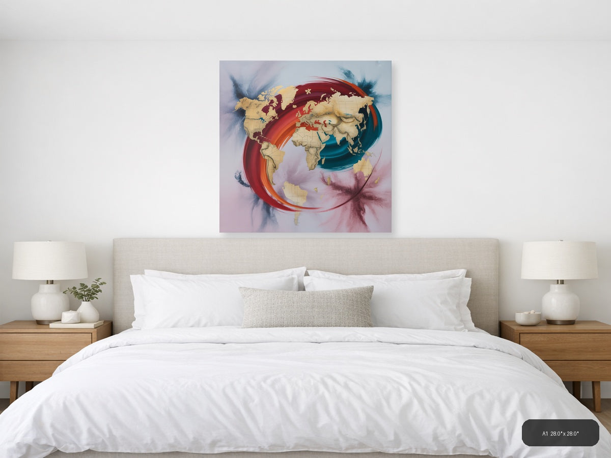 Abstract World Map with Red & Teal Flow Wall Art — A1 / Bedroom