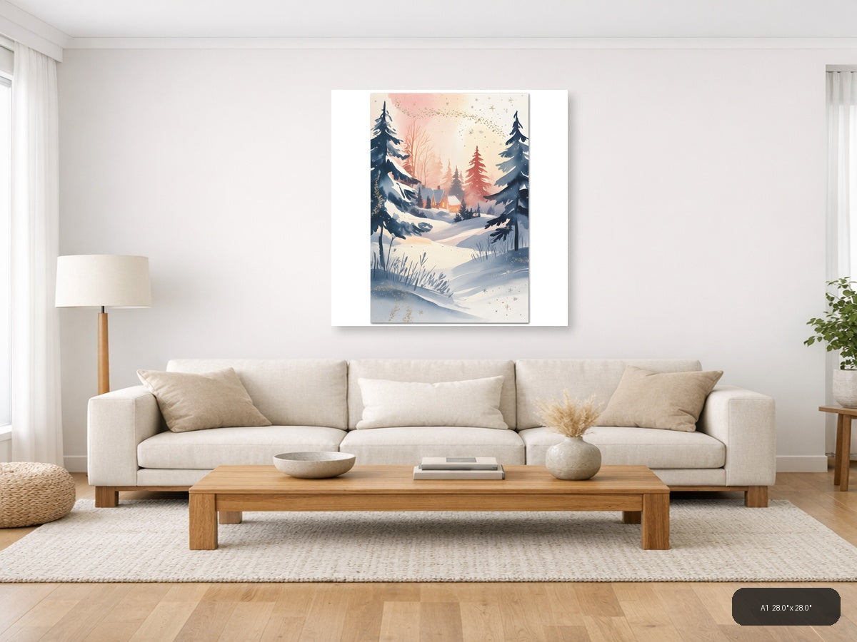 Winter Cabin Snow Forest Watercolor Wall Art — A1 / Living Room