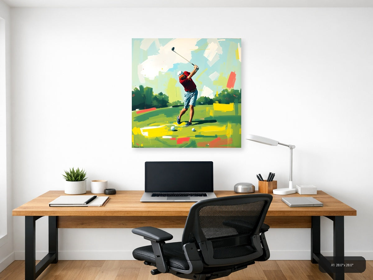 Golfer Mid-Swing Abstract Green & Yellow Wall Art — A1 / Office