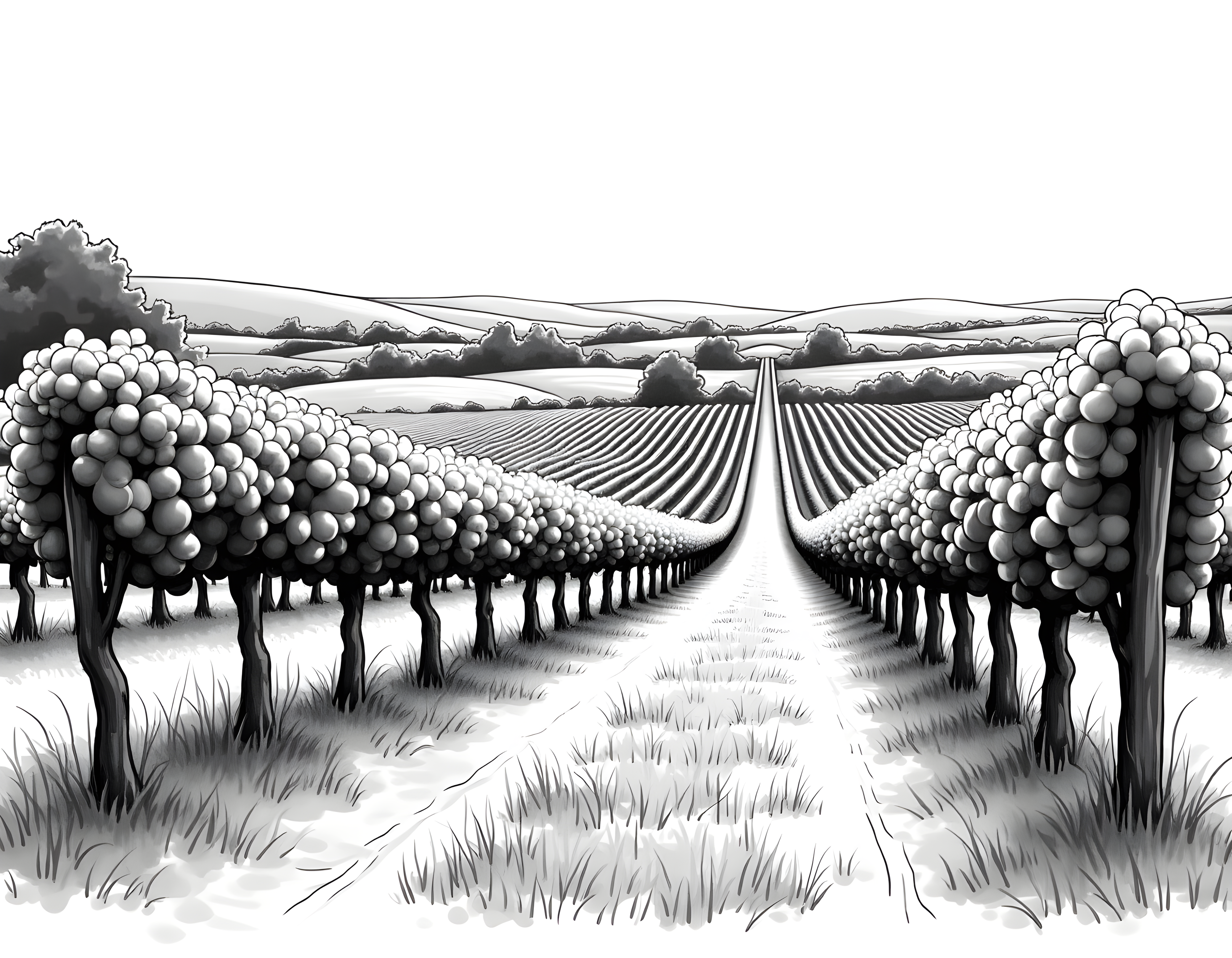 Vineyard Perspective Line Art - Landscape Wall Art