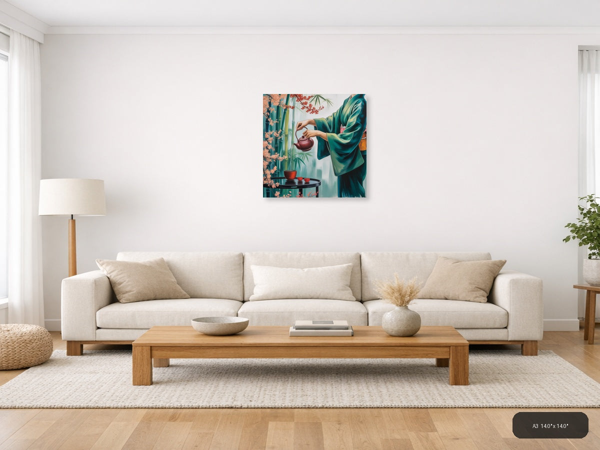 Asian Tea Ceremony Green Silk Teapot Wall Art — A3 / Living Room