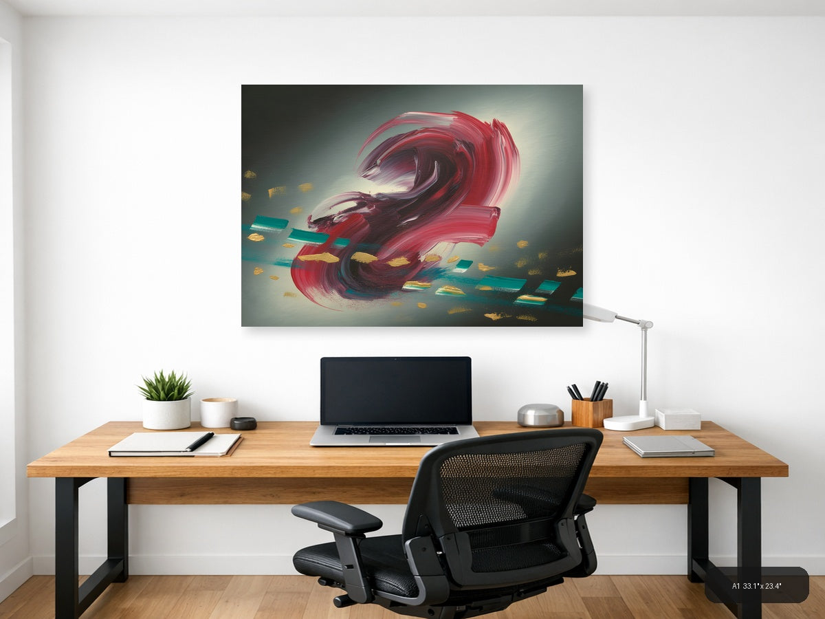 Red Abstract Swirl with Gold Accents Modern Wall Art — A1 / Office