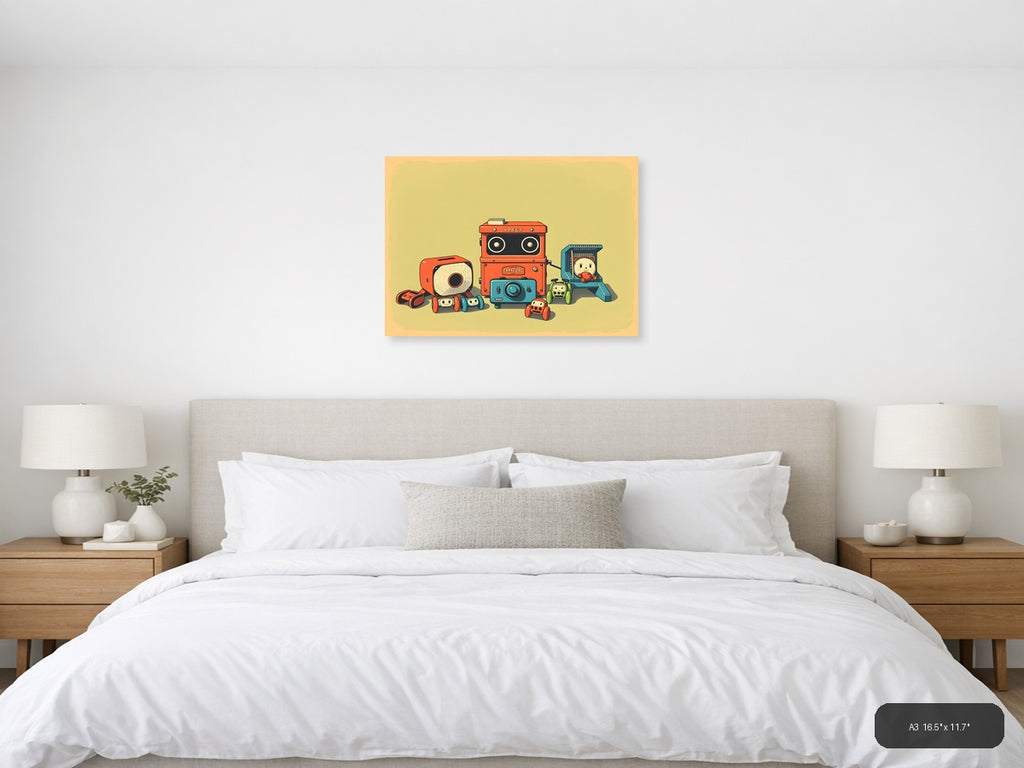 Vintage Robot Toys & Cameras Illustration Wall Art — A3 / Bedroom