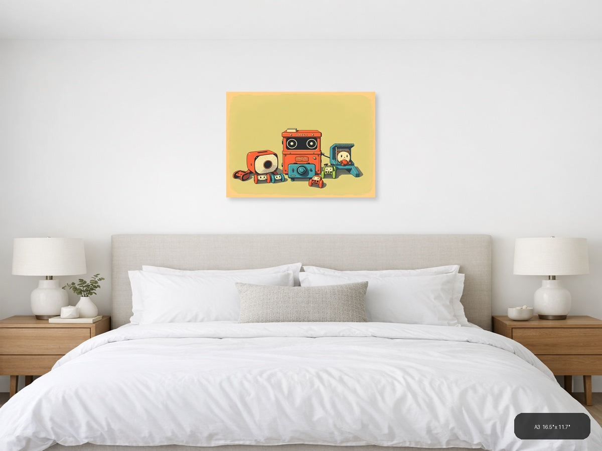 Vintage Robot Toys & Cameras Illustration Wall Art — A3 / Bedroom