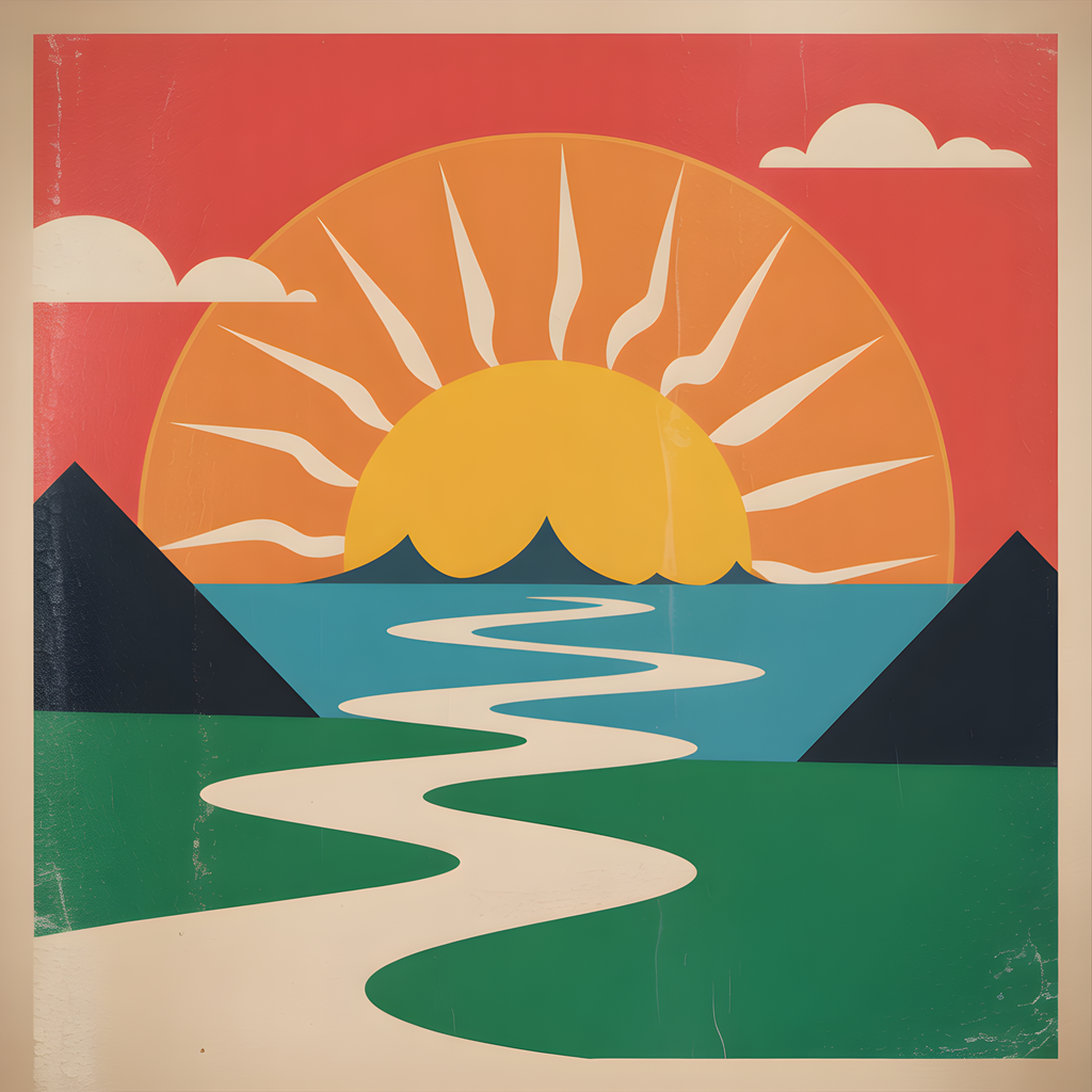 Vintage Sunset Landscape with River - Retro Wall Art
