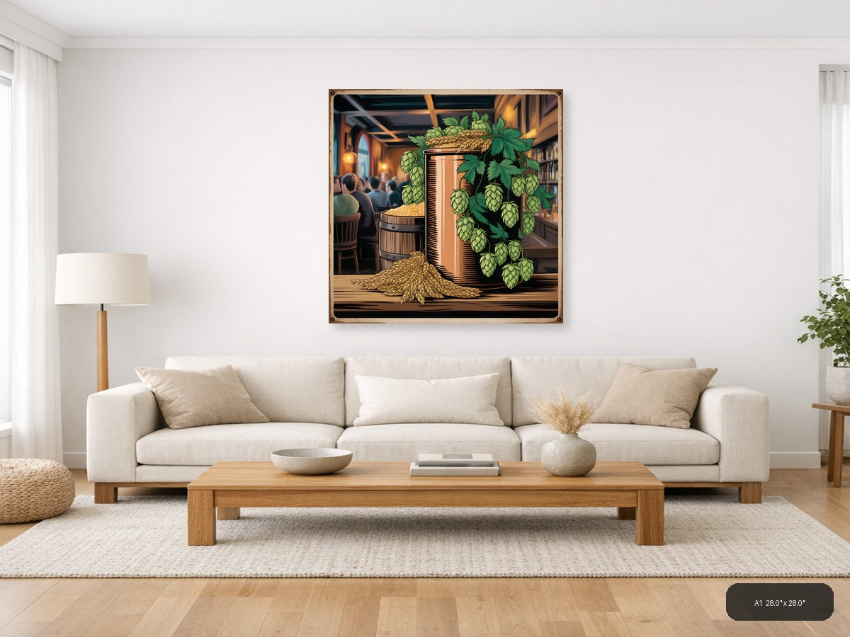 Vintage Brewery Scene with Hops & Barrel Wall Art — A1 / Living Room