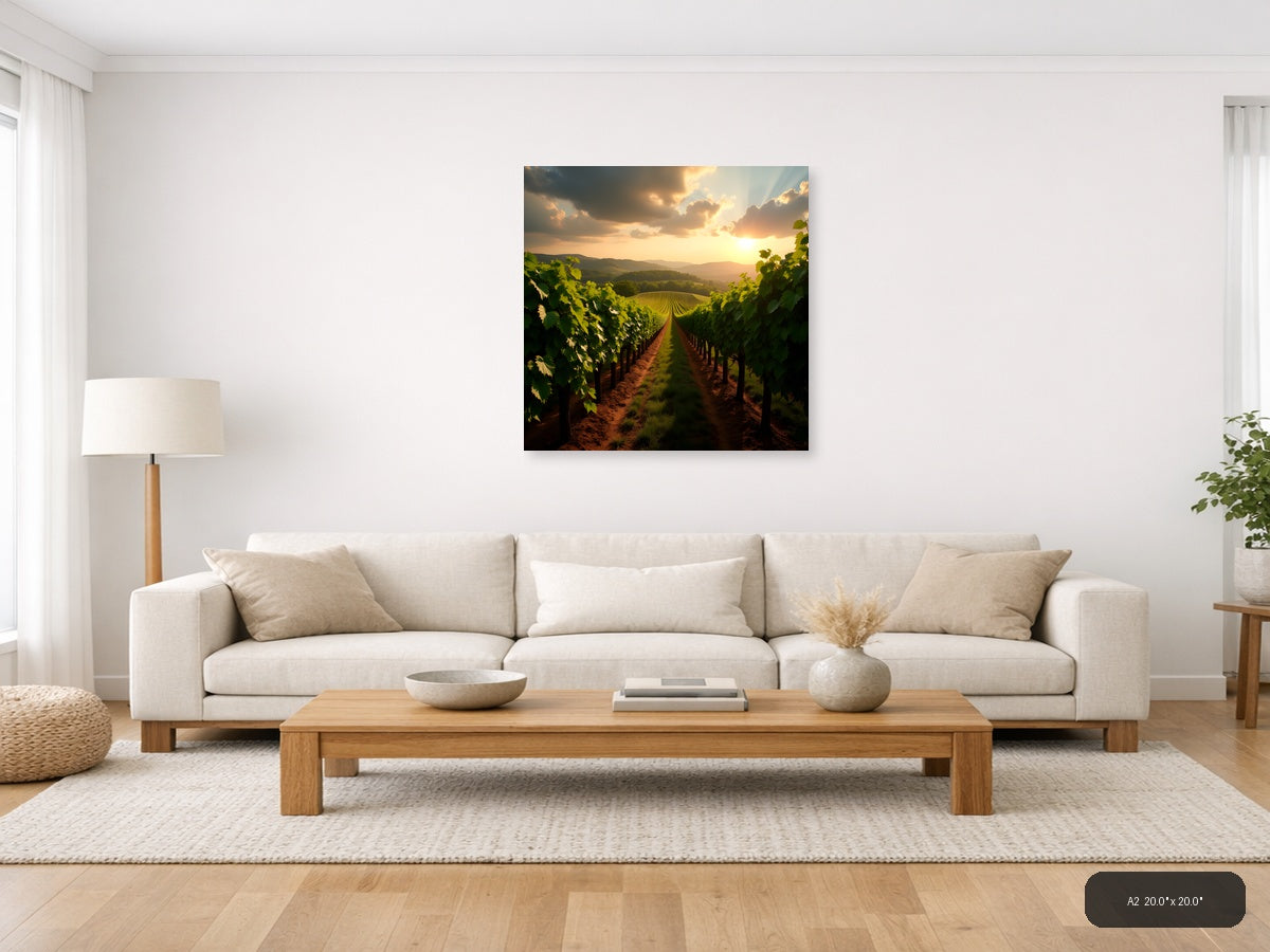 Golden Vineyard Sunset Photography - Landscape Wall Art — A2 / Living Room