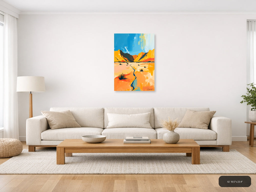 Desert Landscape with Blue Stream Abstract Wall Art — A2 / Living Room