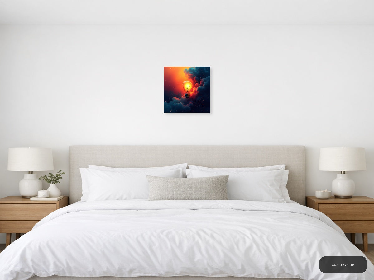 Glowing Lightbulb in Fiery Clouds | Abstract Canvas Print Wall Art — A4 (Bedroom)